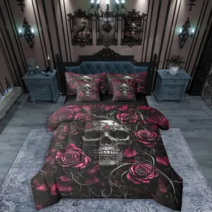 Feelyou Ultra Soft 7-Piece Sugar Skull Comforter Set - Gothic Skeleton Motif Bedding Set with Hot Pink Skull Roses, Multi-Size Bed-in-a-Bag for Teens