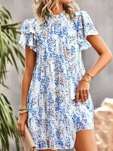 Women's Ditsy Floral Print Frill Trim Mock Neck Ruffle Hem Dress, Casual Butterfly Sleeve Short A Line Dress for Summer, Ladies Clothes for Holiday Vacation