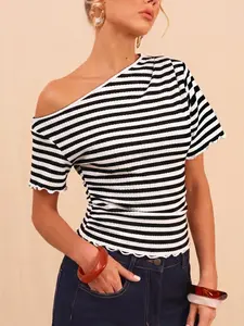 Women's Summer Asymmetric Ruffle Striped Top, Sweet Elegant One-Shoulder T-Shirt, Casual Short Sleeve, Ideal for Home, Travel, Family Gatherings