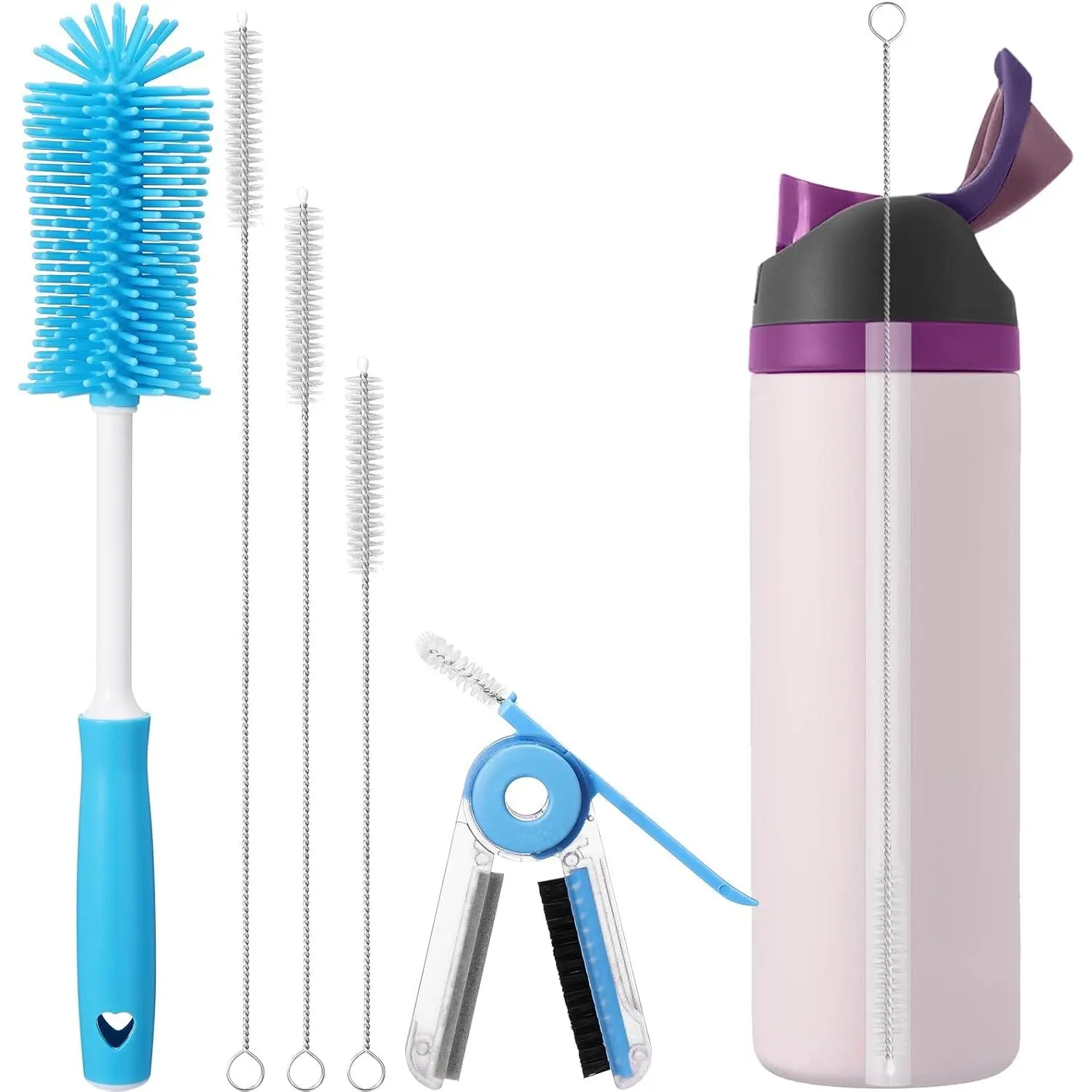 5-PCS Food-Safe Silicone Water Bottle Cleaning Kit - 11.8-In Long Handle Hook Brush, 3-in-1 Cleaning Brush, Deep Clean Hidden Grime, Ideal for Owala, Sports & Outdoor Boating Household Cleaning