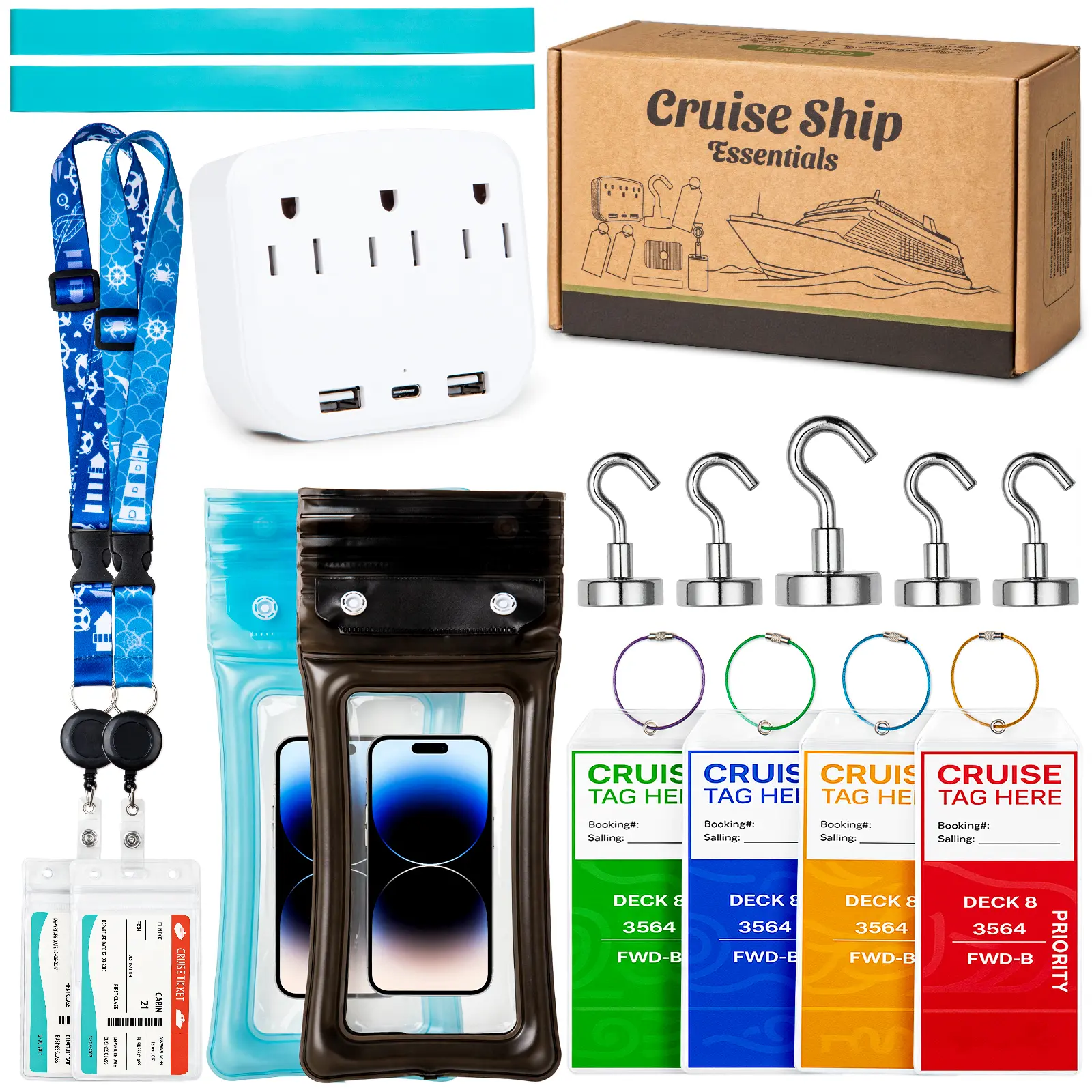 Noledome Cruise Essentials 2026- Cruise Must Haves Kit with Non-Surge Protector Power Strip, Lanyard with  ID Holder, Magnetic Hooks, Luggage Tag Set, Towel Bands, Waterproof Phone Holder - Travel  Essentials
