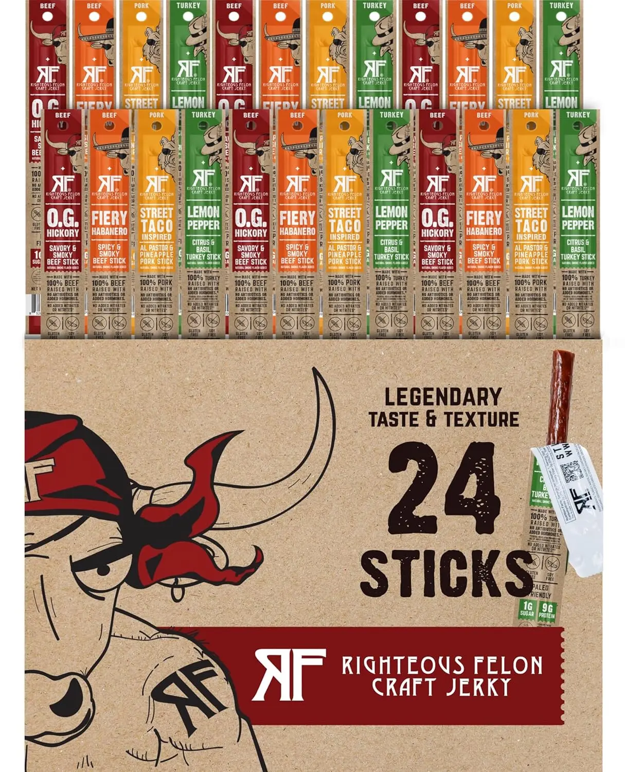 Meat Stick Variety 24-Pack - All-Natural Beef, Pork, Turkey Flavors with 8-10g Protein by Righteous Felon, 100% Grass Fed Beef, Turkey & Pork | 210g Total Protein | Gluten-Free, Low Sugar, High Protein Snack Sticks | Individually Wrapped