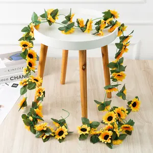 1Pc Artificial Sunflower Garland Silk Sunflower Vine Artificial Flower Green Leaf Fabric Flower Head Fake Sunflower Vine Suitable for Wedding Table Home Craft Party Decoration Ornaments Plastic