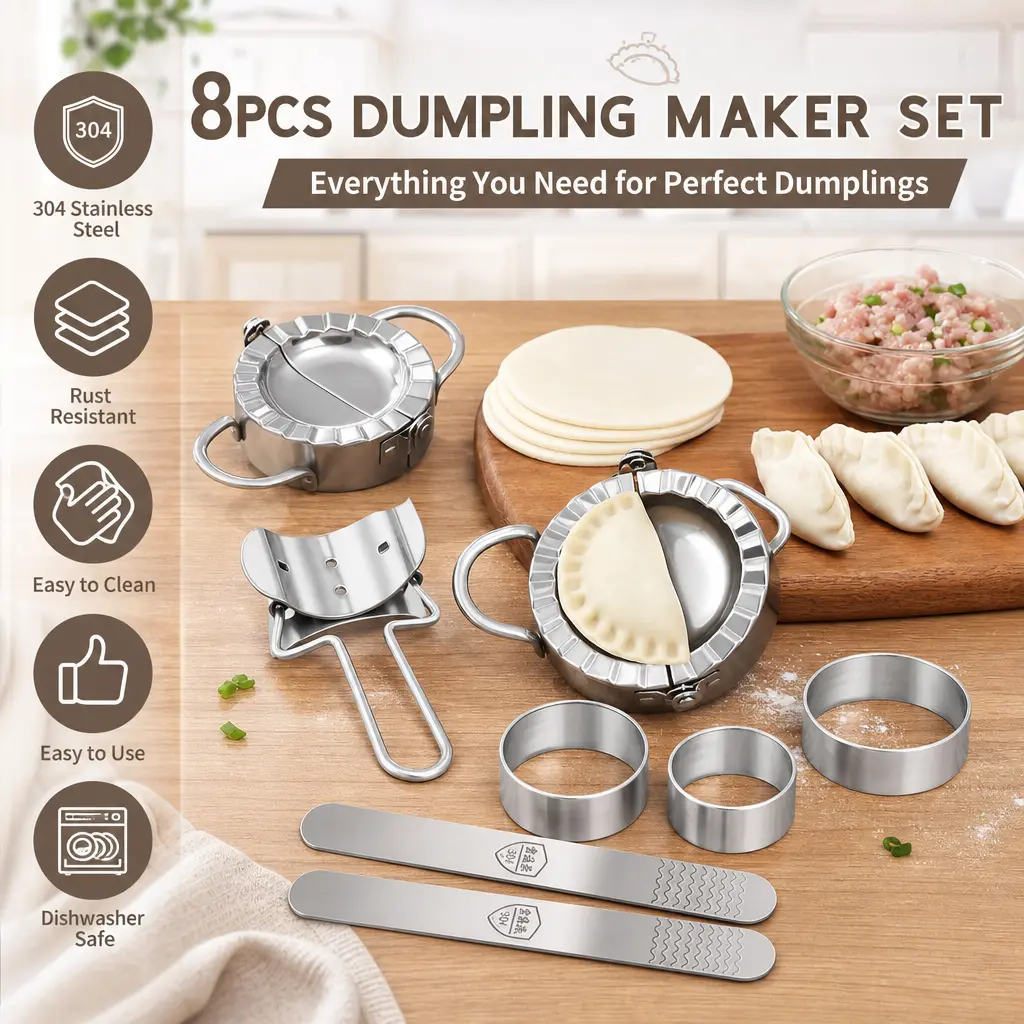 Stainless Steel Dumpling Press & Fill Molds Set with 3.74" & 2.95" Diameter Round, Wavy Edges Cutter - 6.29" Long Cooking Tool for Family Home Cooks' Dumpling Skins, Empanadas, 2 Dumpling Molds, Multi-Size