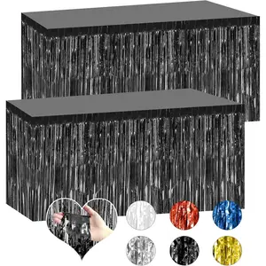 2 Pack 29.5x108 Inch Black Foil Tinsel Fringe Disposable Table Skirts for Rectangle Tables Curtains Backdrop Parade Wedding Floats Baby Shower Birthday Mardi Gras Party