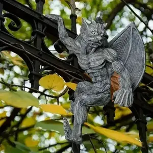 Gothic Bat Statue, Halloween Resin Sculpture for Outdoor Fence & Porch, Durable Garden Gnome Decor, Stone Gargoyle Theme
