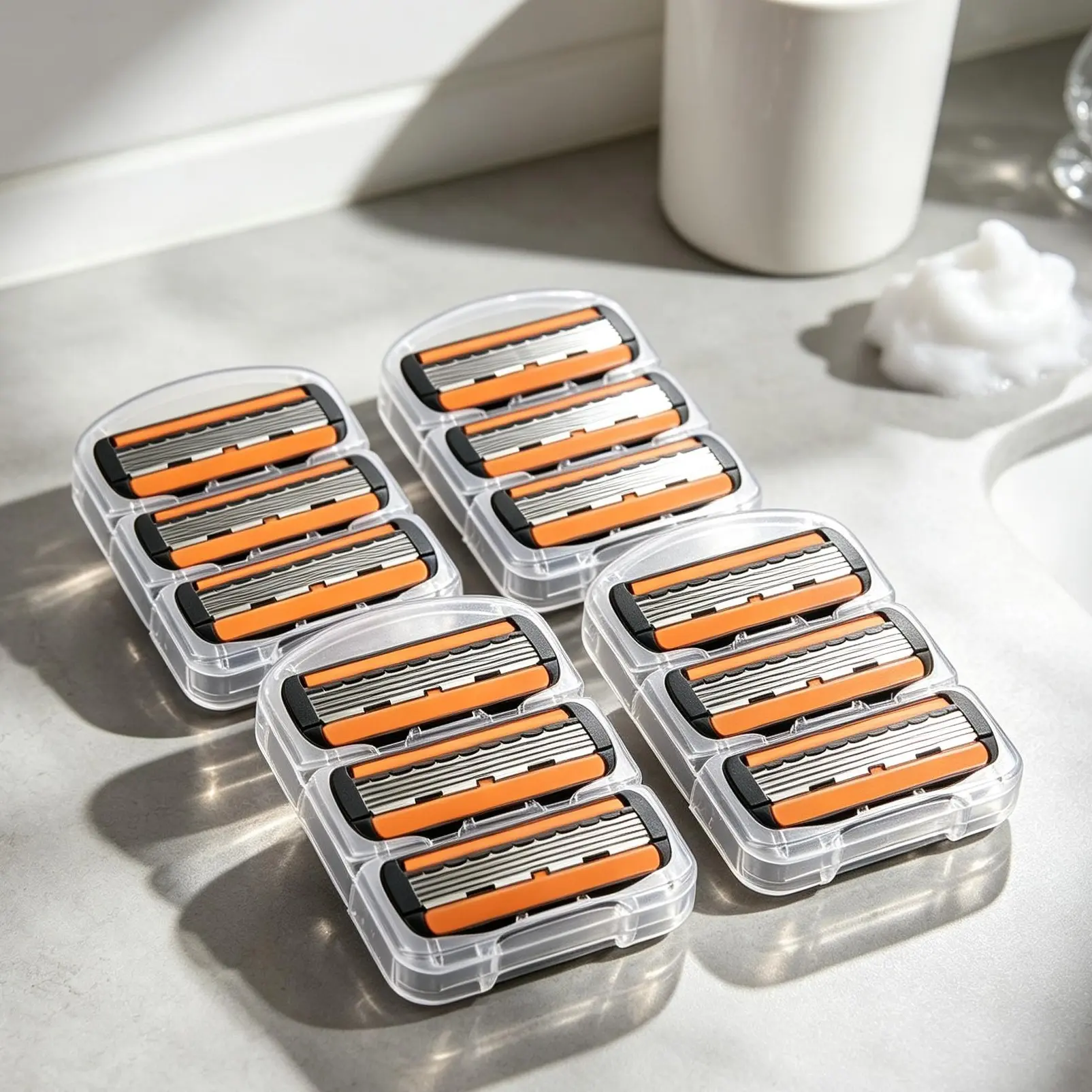 12/48 pcs Men's razor replacement heads set (6-Blade，with handle) - Includes 1 storage box; handheld razor for a smooth shave every day; men's facial grooming kit
