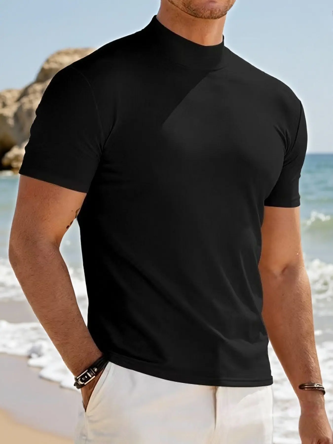 Men's Classic Turtleneck Short Sleeve Tee, Muscle Fit Basic Top, Lightweight & Breathable, Ideal for Layering or Solo Wear, Business & Leisure, Casual Plain Menswear, Fashion T Shirts