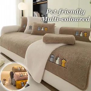 Cartoon Embroidered Cat scratch Sofa couch Cover, 1PC Pet-Friendly Anti-Scratch Non-Slip Soft Sofa Protector, Washable Thick Plush Sofa Pad, for Living Room Décor, for Sectional, Loveseat,2/3/4-Seater Sofa, Cute Decorative All-Season Sofa Mat