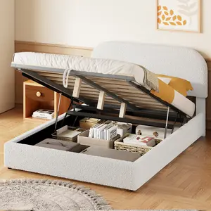 Teddy Fleece Full /Queen Size Upholstered Platform Bed with Hydraulic Storage System, White/Gray /