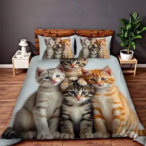 Cute Cat Pattern Bedding Set, Including 1 Duvet Cover & 2 Pillowcase without Filler, Soft Comfortable Bedding Set for Home Bedroom