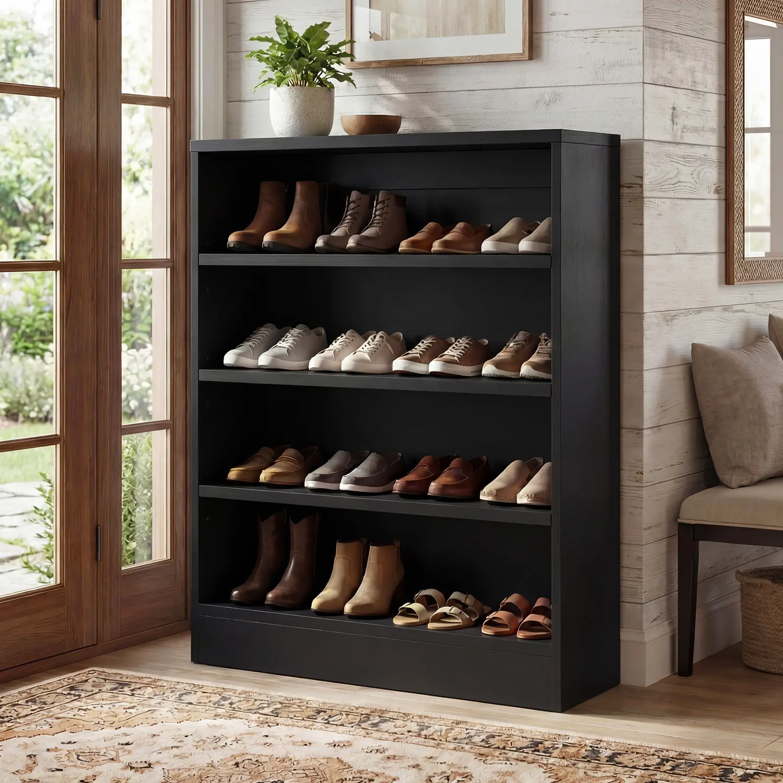 Homieasy Shoe Cabinet Storage Organizer, 5-Tier Modern Wood Shoe Storage Entryway with 3 Adjustable Shelves for Entryway, Multi-Purpose Display Shelf & Storage Cabinet for Living Room, Bedroom