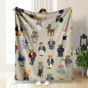 Preppy Bear Flannel Throw Blanket Ultra Soft Aesthetic Fleece Blanket for Sofa Bed Classic Bear Print Plush Warm Travel Blanket Luxury Style Home Decor Thoughtful Birthday Gift for Women Men Cozy Room Aesthetic Lightweight Nap Snuggle Blanket