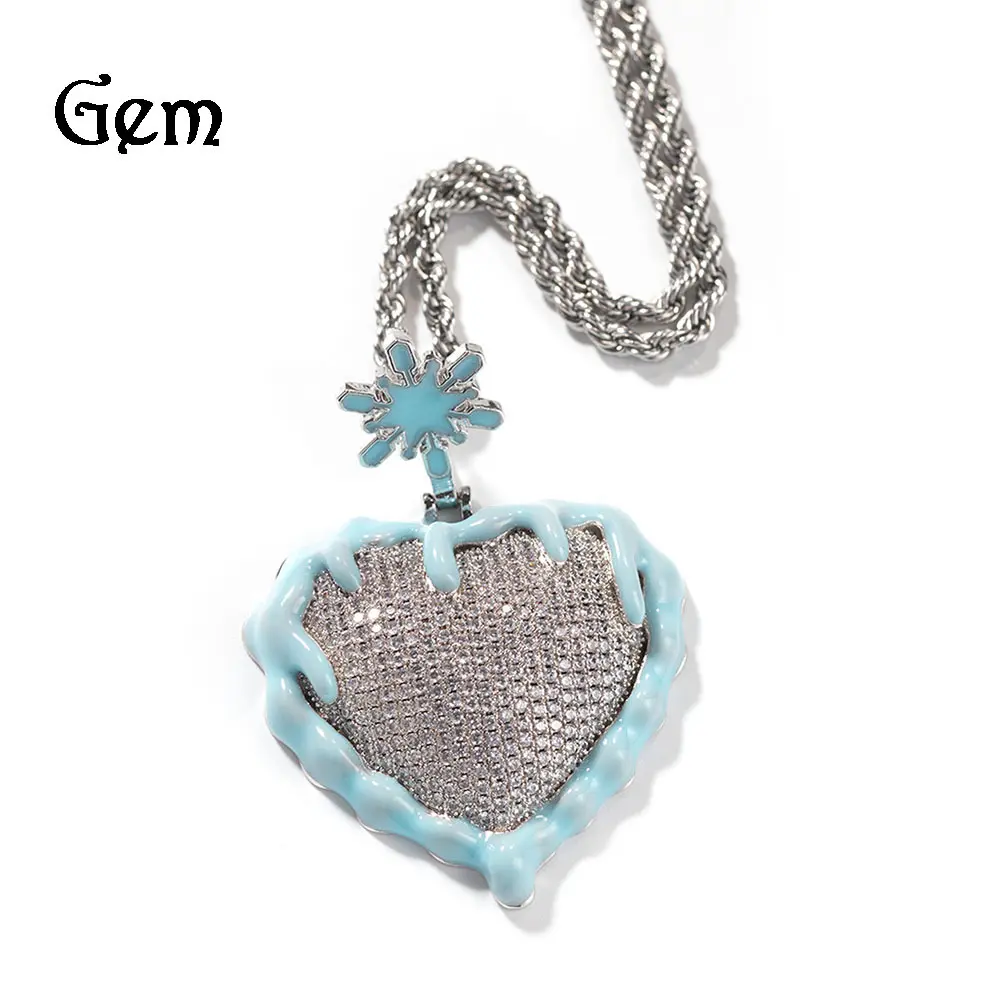 Dripping Heart Pendant Blinged Out Frozen Snowflake Charm for Hip Hop Streetwear Vibe with Sparkling Details