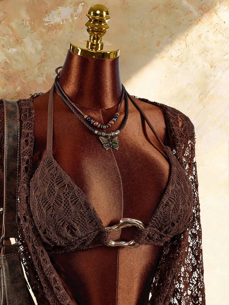 Women's 3-Piece Bikini Set With Top, Bottom And Cover-Up, Sexy Avant-Garde Draped Neck Dress