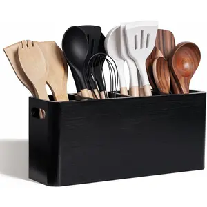 Extra Large Farmhouse Utensil Holder for Kitchen Counter, Large Wooden Utensil Holder with 4 Compartments, Black