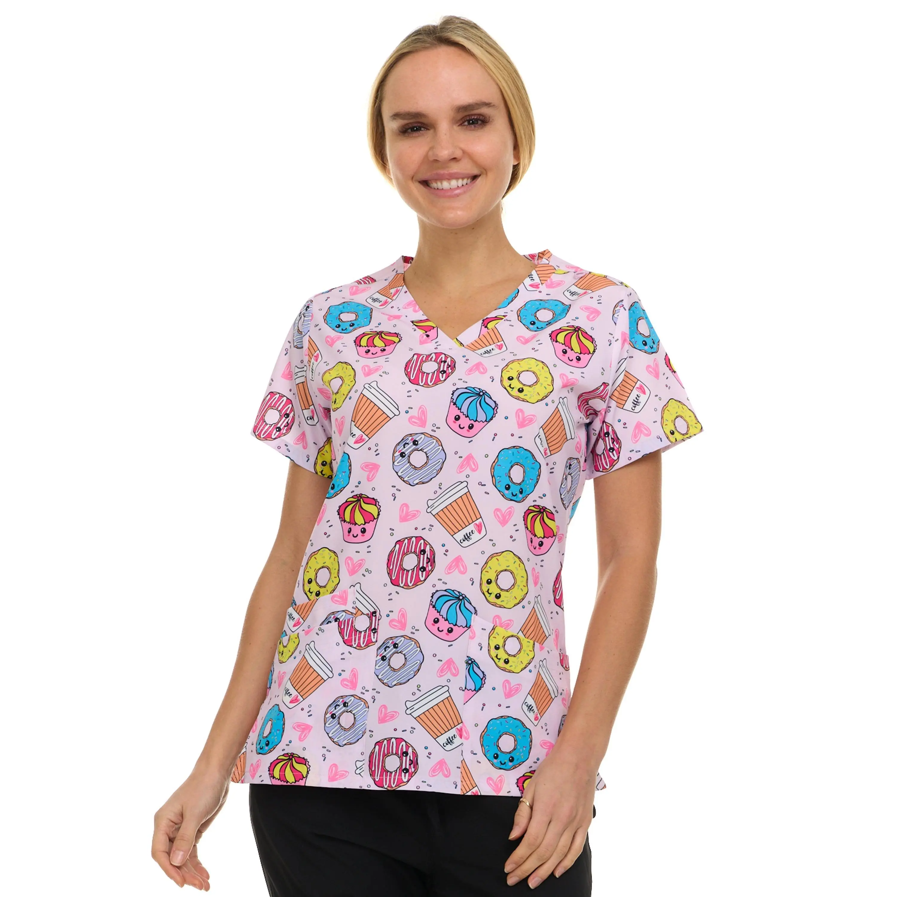 Medichic Kendall Coffee Lover Printed V-Neck Scrub Top