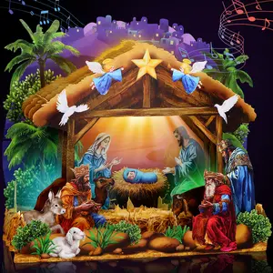 FaCraft Religious Nativity Musical Christmas Cards, with Lights and Music, Handmade 3D Light Up Merry Christmas Cards Gift Decoration, Jesus Christ Birth Scene, with Envelope, Blank Insert and Seal