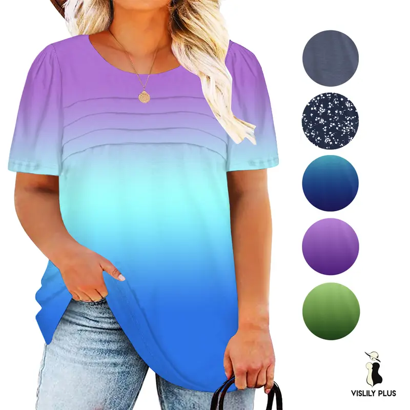 Vislily Women's Plus Size Classic Casual Basic Loose Gradient Floral Tunic Shirts - Crew Neck, Puff Short-Sleeve, Lightweight Summer Tees, 2XL-5XL DPS1080