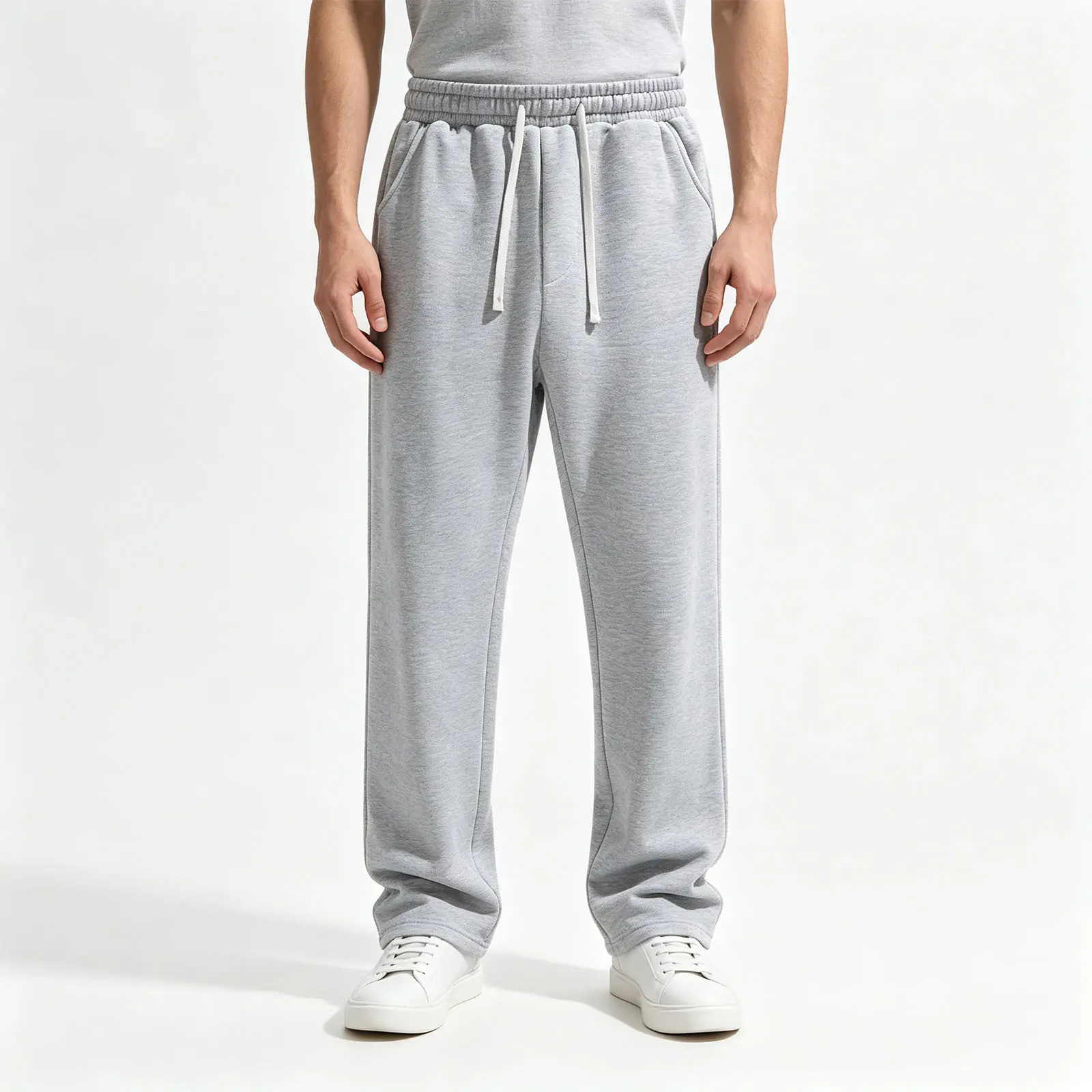 Men’s solid-color cotton sweatpants with drawstring, featuring a fleece-lined, thick, warm interior for everyday wear in spring, autumn, and winter.