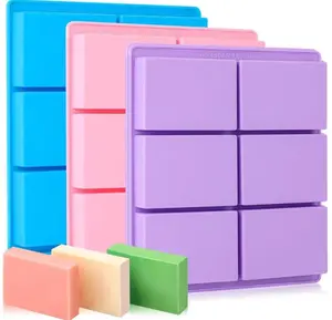 SJ Silicone Soap Molds 3 Packs, Rectangle Soap Molds for Soap Making, 6 Cavity Mold for Homemade Craft Soap Mold, Jelly, Chocolate & Ice Cube Trays(Blue, Purple & Pink)