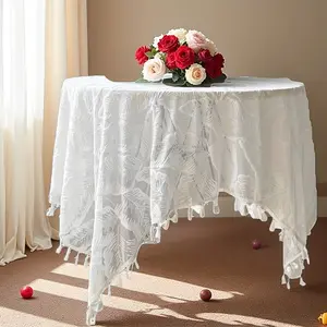 1pc Palm Leaf Embossed Tablecloth, Polyester Cotton Blend, Fringe Edge, Outdoor Picnic, Camping, Garden Table, 39.37 Inches