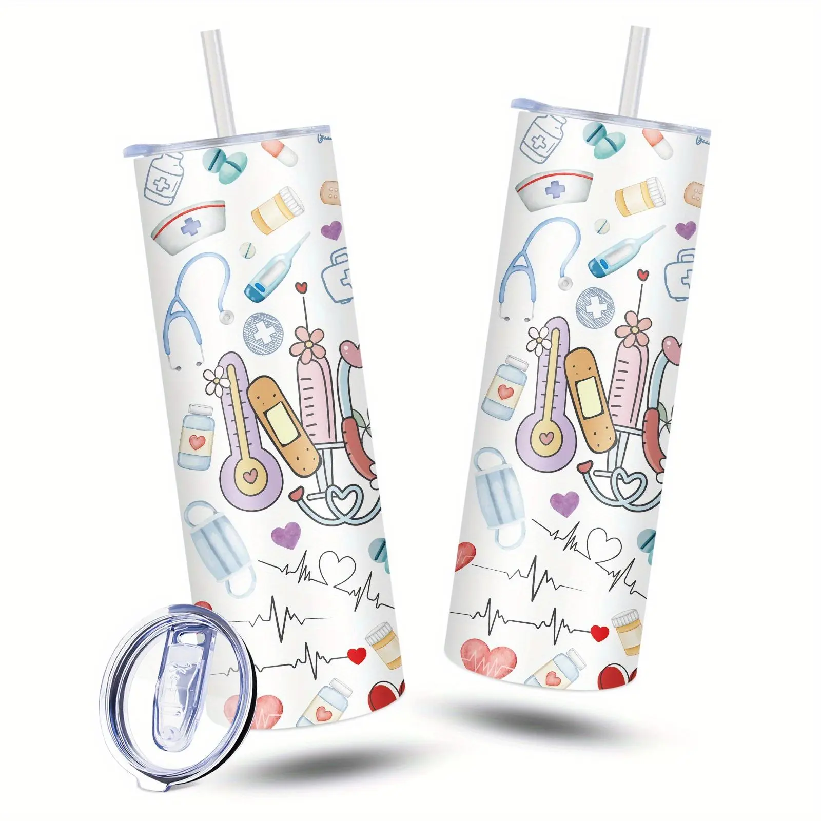 1pc 20oz Insulated Nurse-Themed Water Cup with Medical Cartoon Design -  Vibrant Colors, Dishwasher Safe, Perfect