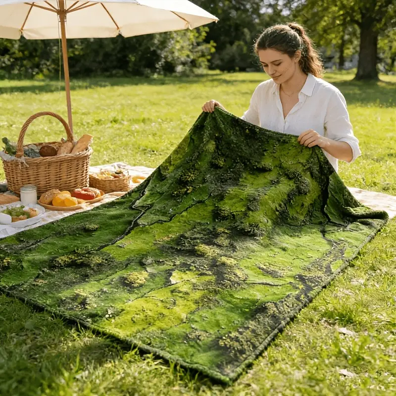 Realistic Forest Texture Green Moss and Lichen Blanket, Nature-Themed Design, All-Season Indoor & Outdoor Use, Machine Washable.