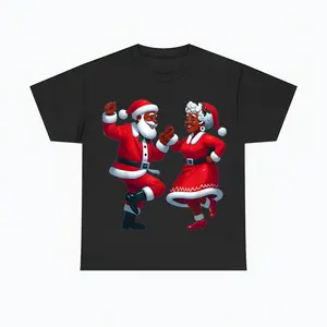 Black Cotton T-shirt with Festive Santa and Mrs Claus graphic casual round neck sizes Shortsleeve classic fabric
