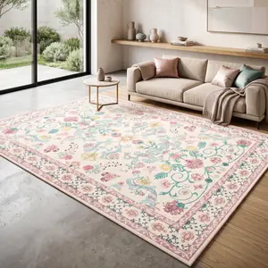 COLLA Retro Pink Print Ultra Soft Faux Cashmere Area Rug, Vintage Oriental tradition Floral Non-Slip Carpet, Modern Aesthetic Home Decor for Living Room Bedroom
