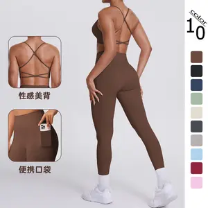 Cross-border double-sided nylon tight-fitting cross-back sports yoga outfit with pockets, two-piece set for running and fitness