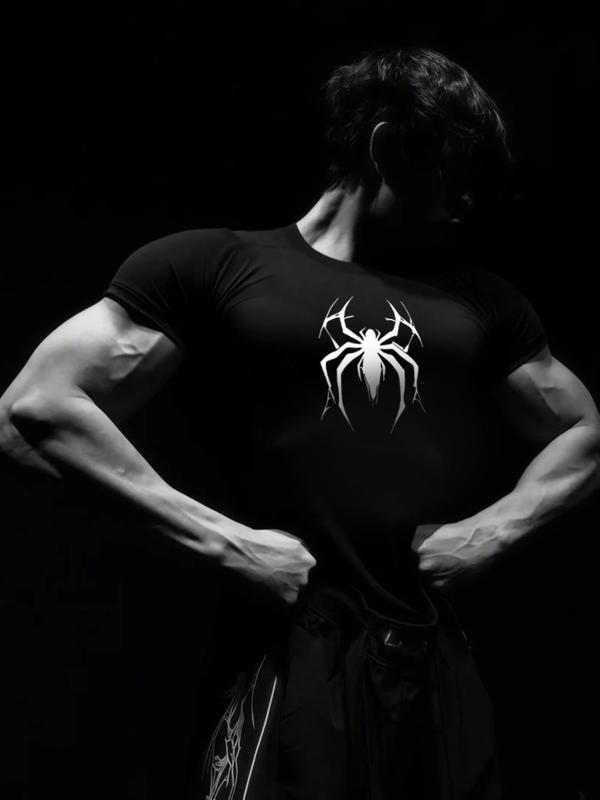 Men’s 2 Pack Gothic Workout T-Shirts, Cool Print Design, Stretch Fit Compression Shirts for Intense Training, Polyester Blend, Black White Set, Ideal for Gym, Strength Training, Streetwear & Casual Wear