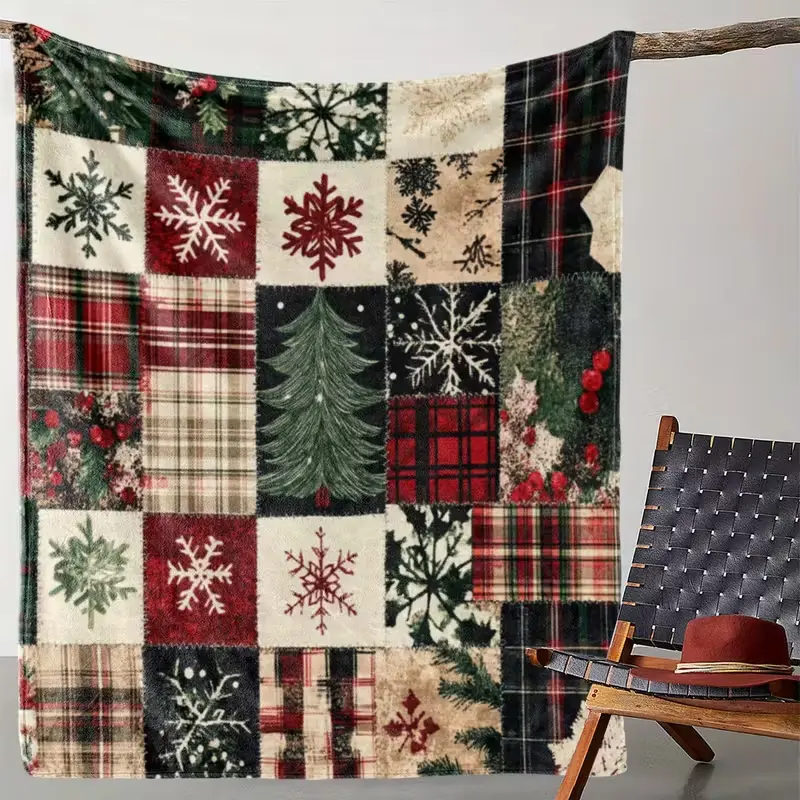 Christmas Soft Warm Modern Throw Blanket with Snowflakes, Pine Trees, Festive Plaid and Greenery Design, All-Seasons Adult Use for Sofa, Car, Gift