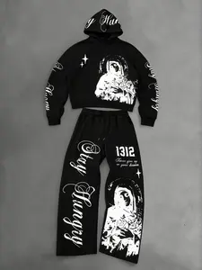 Graphic Print Tracksuit Set — Hot-Selling Streetwear! Athleisure Sweatsuit, Artistic Portrait + Cursive Text, White Base & Oversized Fit For Urban Casual Style. Trendy Co-ord Statement Piece.