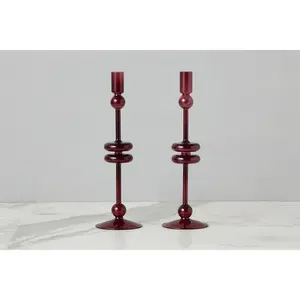 Glass Candlestick Pair, Large, Merlot