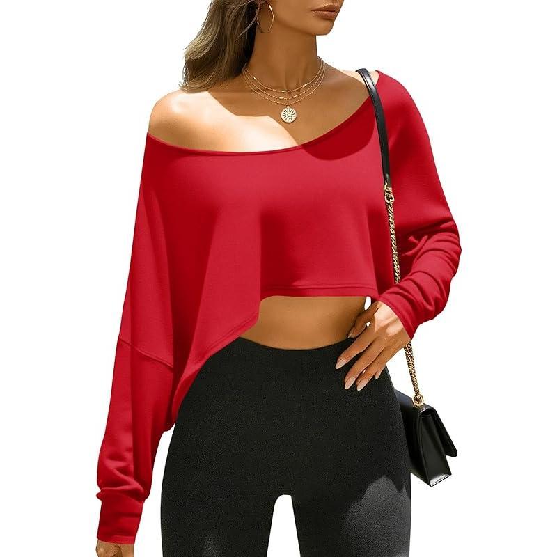 Womens Off The Shoulder Cropped Tops Batwing Long Sleeve Loose Fit Summer Boat Neck Workout T Shirts