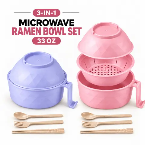 MIUVA Microwave Ramen Bowl 2 Pack, 33 Oz Noodle Cooker Set with Lid, Removable Strainer, Handles, Spoon, Fork & Chopsticks for College Dorm, Office & Home, Pink Purple