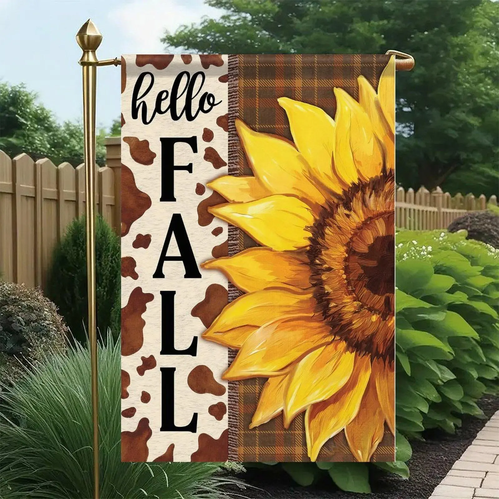 Hello Fall Large Sunflower Cowhide Print Brown Plaid Double Sided Garden Flag 12x18in, Western Country Autumn Harvest Outdoor Yard Decor