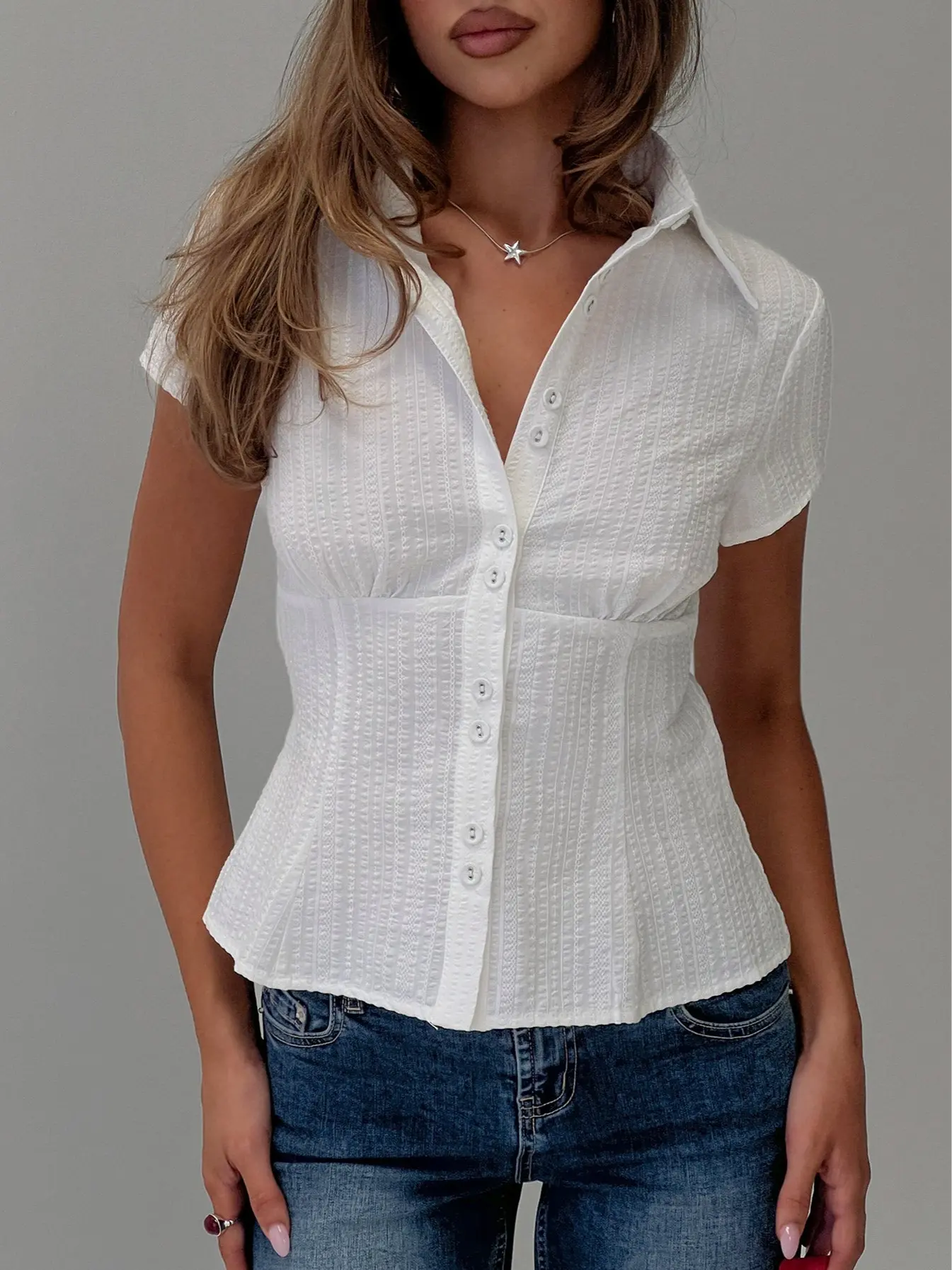 Cottesloe Blouse Top Textured, Women's Textured Button Front Ruched Bust Cap Sleeve Blouse Top