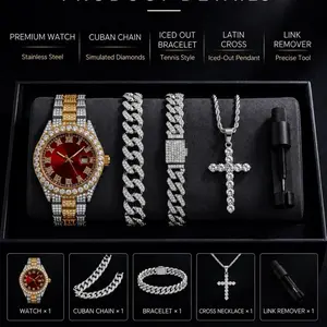 Luxury Iced Out Jewelry & Watch Gift Set - Watch, Cuban Chain, Bracelet, Cross Necklace | Premium Men's Gift Option