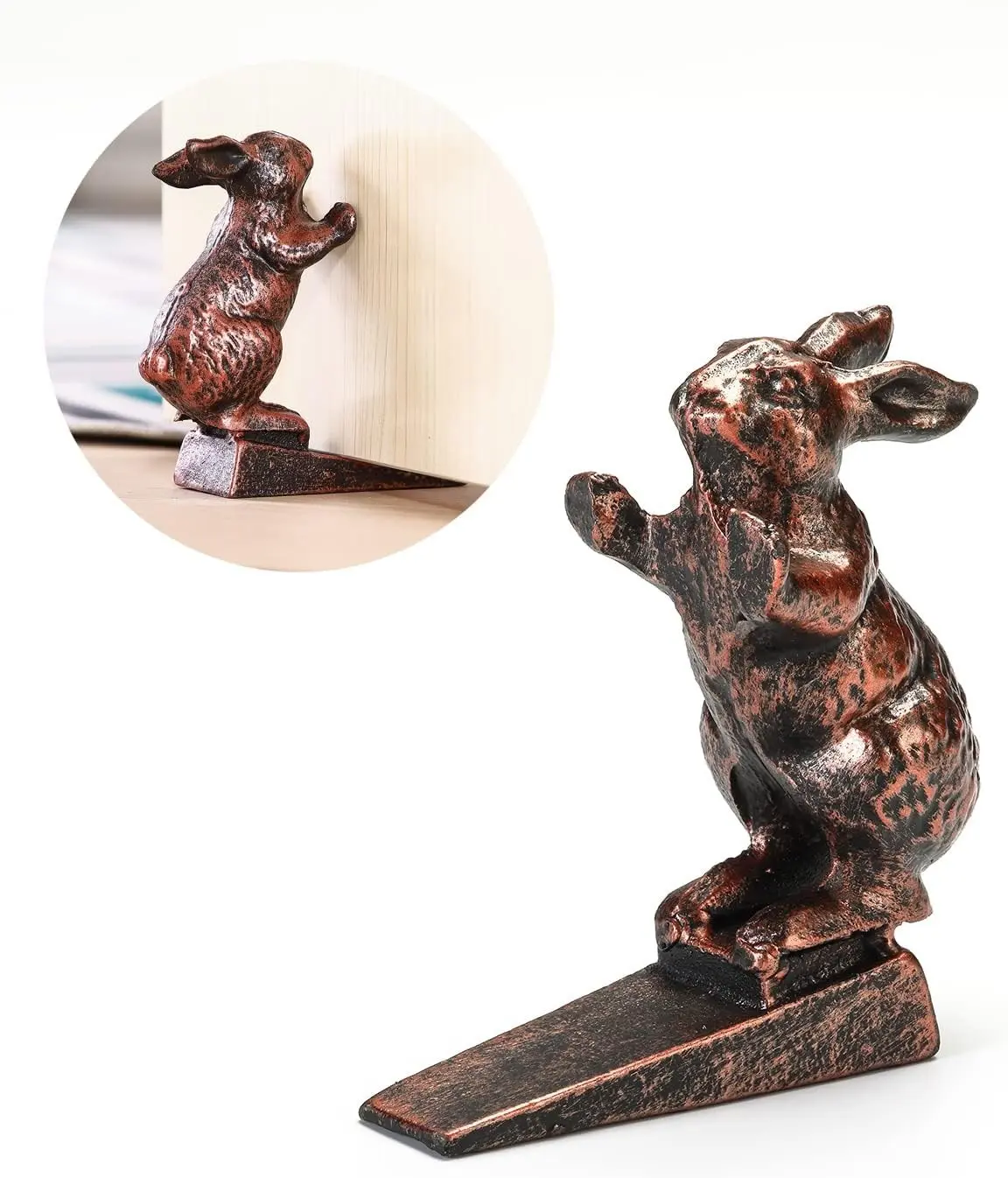 Rabbit Door Stoppers for Bottom of Door - Cast Iron Cute Bunny Door Stop - Antique Copper Decorative Door Stopper Wedge - 2.49 Lbs