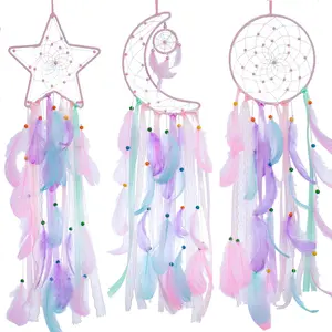 3 Pack Pink Star Moon Sun Dream Catcher - Pink Dream Catchers for Girls, Teen Girl Room Decor, Girls Bedroom Decoration