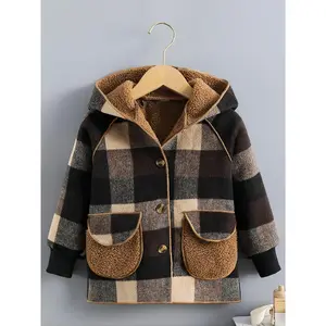 Boys' Cozy Fleece-Lined Plaid Jacket with Hood & Pockets - Warm Winter Coat, Brown/Black/Beige Checkered Button-Front Outerwear, Durable Fleece for, Playdates & Skiing (Machine Washable)