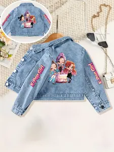 Girls' Durable Denim Jacket Spring Fall, Cute Rainbow Heart Pattern, Casual Loose-Fit Outerwear, Perfect Mother's Day Gift