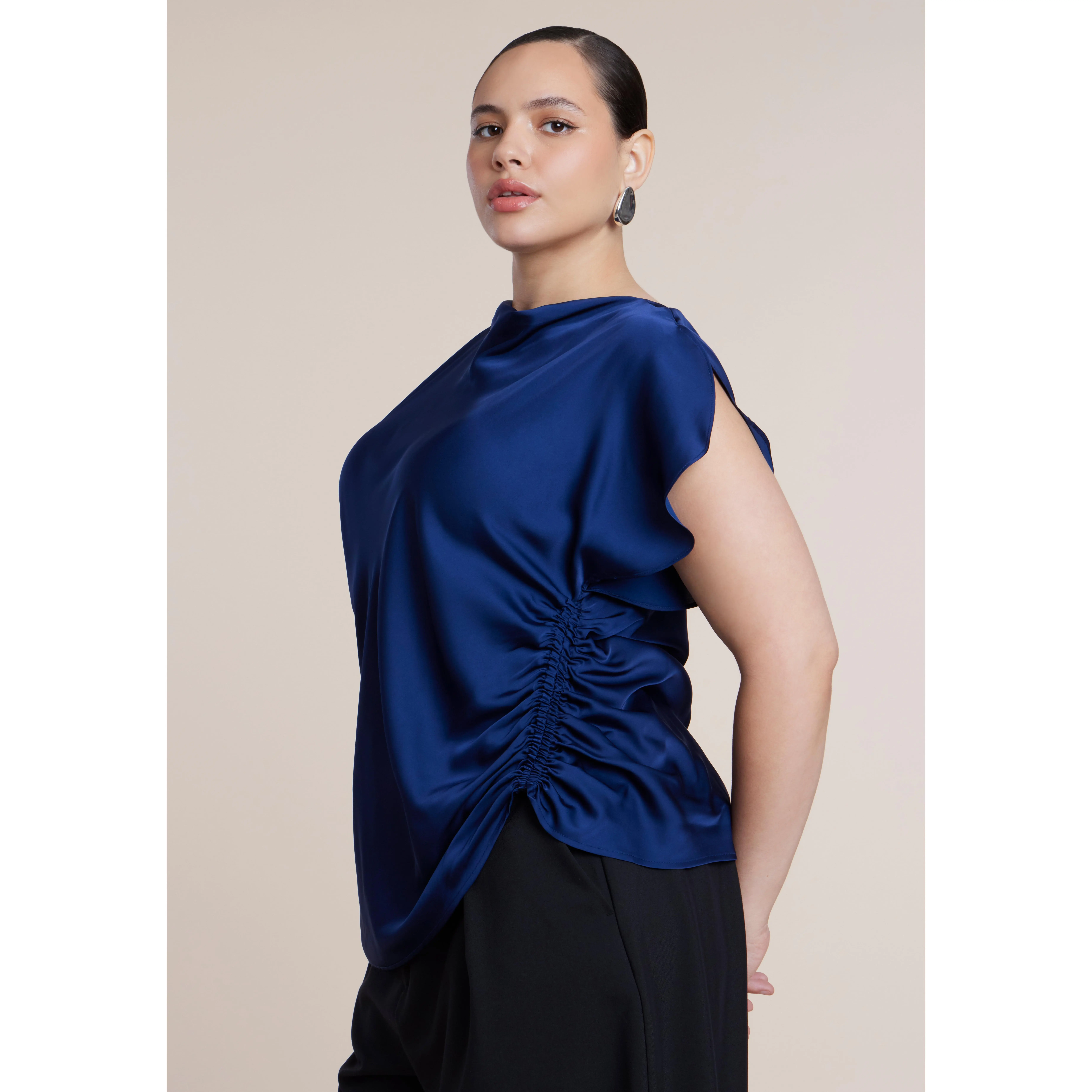 ELOQUII Women's Plus Size Flutter Sleeve Draped Satin Top