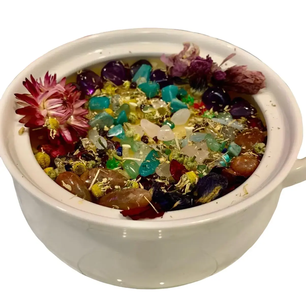 16oz Organic Beeswax Candle in Reusable White Mini Dutch Oven and Lid - All Natural Essential Oils, Flowers, Herbs, Reiki,  and Crystals - Ornaments, Decor