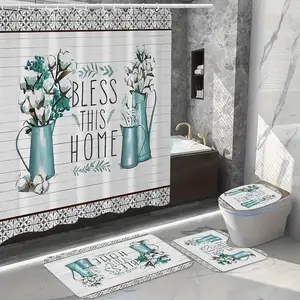 Floral Pattern Bathroom Accessories, 1 Set Waterproof Shower Curtain with Hooks/12pcs Bath Mat Set, Bathroom Decor Supplies