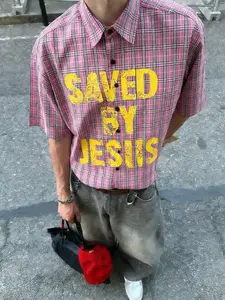 Men's Striped Jesus Faith Print Short Sleeve Button Casual Fashion Shirt, Street Style College Wind, Collar Versatile Boyfriend Gift, Vintage Stripe Shirt