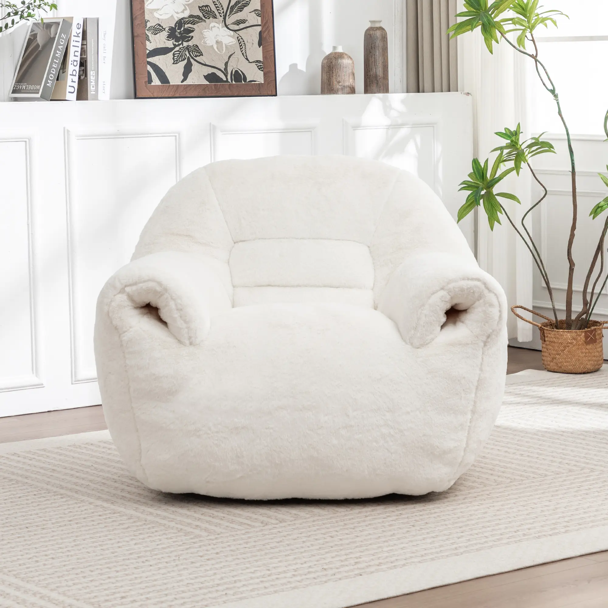 Plush Faux Fur Bean Bag Lounger with Back Support, High-Density Shredded Foam Fill, Soft Floor Sofa for Living Room, Bedroom, Apartment, Adults and Kids, 42.2W x 42.5D x 30.7H Inches, White