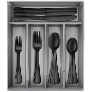 20-Piece Black Silverware Set with Tray, Stainless Steel Flatware Cutlery Set Service for 4, Kitchen Black Utensils Tableware Set for Home Restaurant, Mirror Finish, Dishwasher Safe Retro Traditional